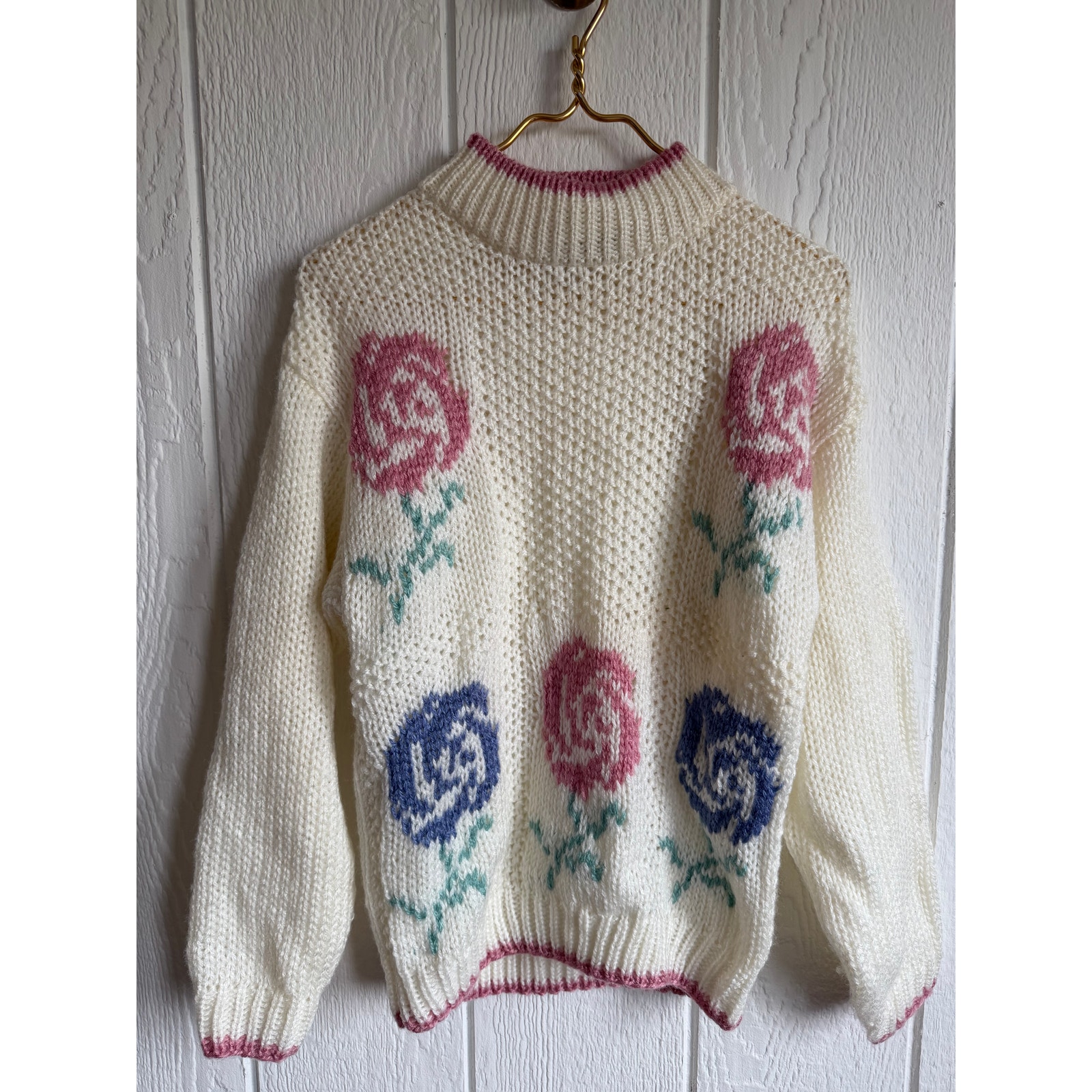 Vintage Hand Knit Paris Sport Club Rose Sweater Cottagecore Floral Knit | Size M